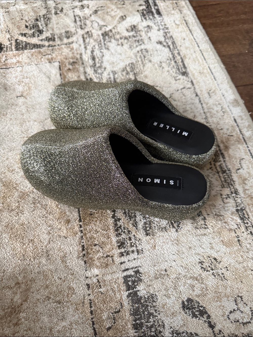 Simon Miller Glitter Slip-On Mules in Metallic Gold-Green